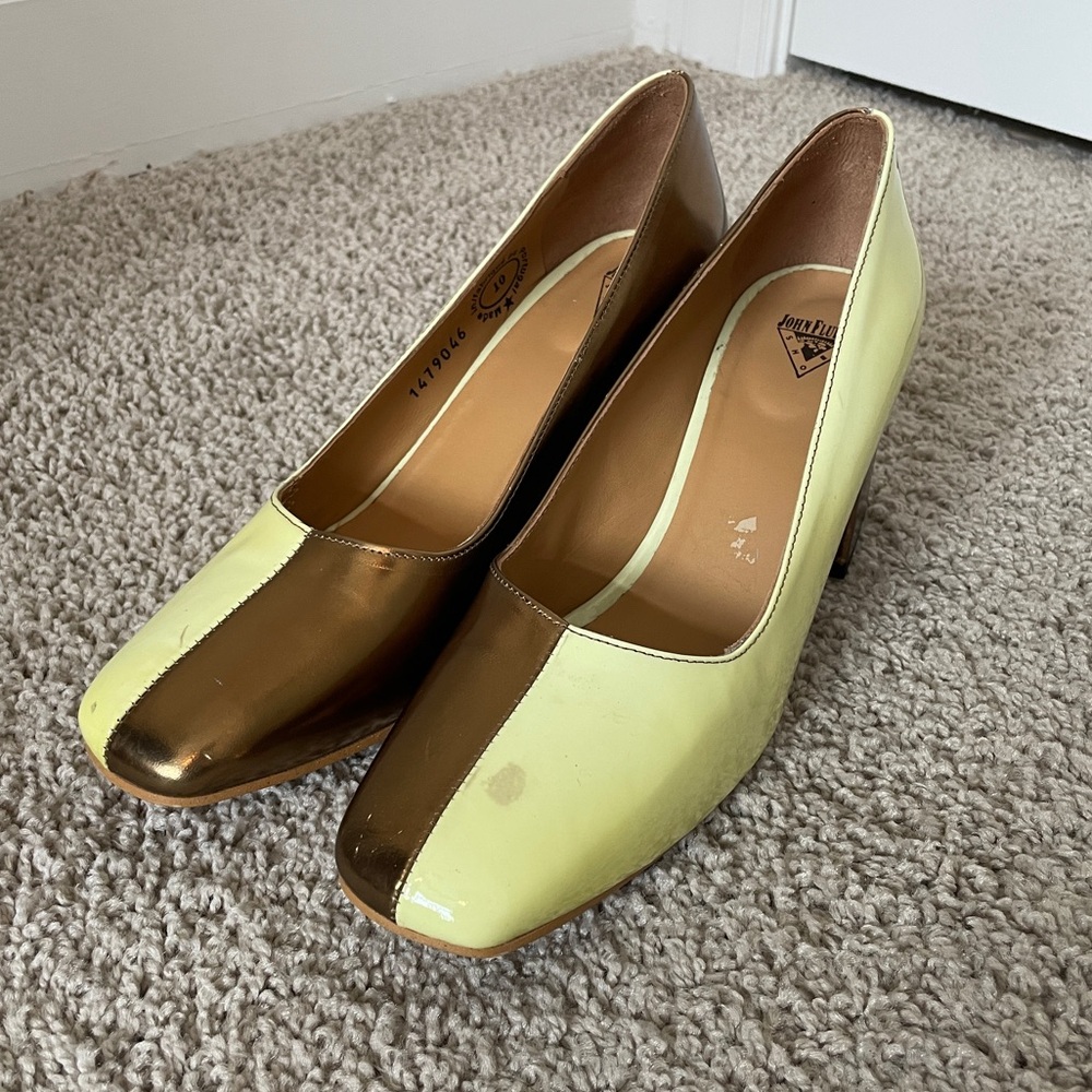 John Fluevog Two-Tone Metallic Gold and Pistachio Block Heel Pumps